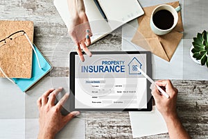 Property insurance online application form. Business and internet concept.