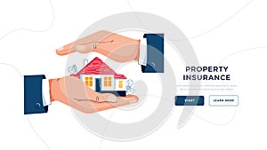 Property insurance template for landing page. Male hands are covering house. Property insurance concept, real estate