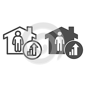 Property investment growth line and solid icon. Home with person and success upward arrow symbol outline style pictogram