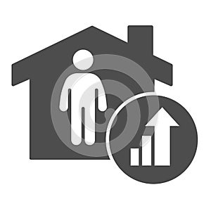 Property investment growth solid icon. Home with person and success upward arrow symbol glyph style pictogram on white