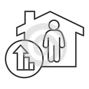 Property investment growth thin line icon. Home with person and success upward arrow symbol outline style pictogram on