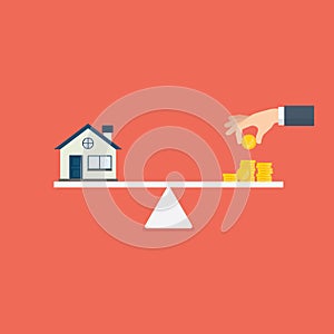 Property investment illustration. Home and stack of money on the scale. Buying a home. Real estate