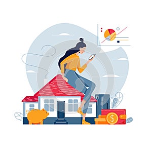 Property investment vector illustration. Woman sitting on the house, analyzes profit from real estate buying or rent