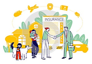 Property, Life and Health Insurance. Family Characters Sign Policy Paper for Guarantee and Money Compensation