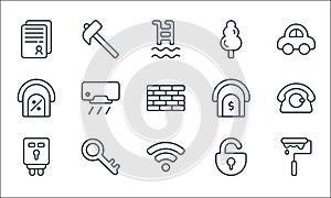 Property line icons. linear set. quality vector line set such as paint roller, wifi, open padlock, key, house, house, tree, hammer
