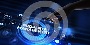 Property management business concept. Hand pressing button on screen