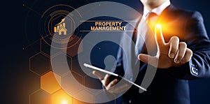 Property management Is the operation, control, and oversight of real estate. Business concept.