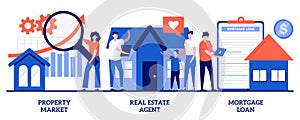 Property market, real estate agent, mortgage loan concept with tiny people. Buying property vector illustration set. New apartment
