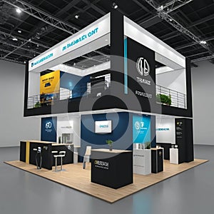 Trade fair show exhibition booth design, black, white, blue, two levels photo