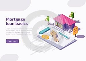 Property mortgage with isometric home, money, keys, financial contract