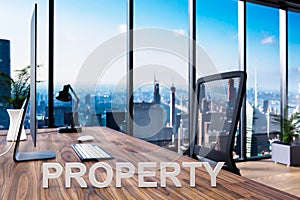 Property; office chair in front of modern workspace with computer and skyline view; real estate concept; 3D Illustration