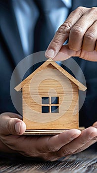 Property safeguarded Businessman protects wooden home model with his hand