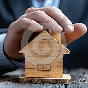 Property safeguarded Businessman protects wooden home model with his hand