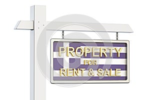 Property for sale and rent in Greece concept. Real Estate Sign,