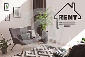 Property search agency site. Word Rent with data and beautiful living room