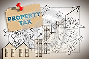 Property Tax on buildings - Property Real Estate concept with an imaginary cadastral map and residential building