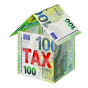 Property Tax on buildings - Property Real Estate concept with a small home in European euro banknote shape - 3D rendering