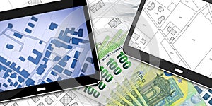 Property tax and costs on buildings - concept with an imaginary cadastral map on digital tablet and european euro banknote