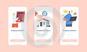 Property Valuation Mobile App Page Onboard Screen Template. Appraisers Characters doing House Inspection, Home Appraisal