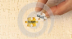Property value symbol. Concept words Property value on beautiful white paper puzzle. Beautiful yellow table yellow background.