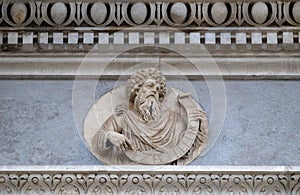 Prophet Ezekiel, relief on the portal of the Cathedral of St Lawrence in Lugano, Switzerland