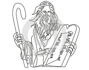 Prophet Moses with Staff Holding a Stone Table with Ten Commandments Continuous Line Drawing photo