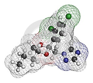 Propiconazole antifungal molecule triazole class. 3D rendering. Atoms are represented as spheres with conventional color coding. photo