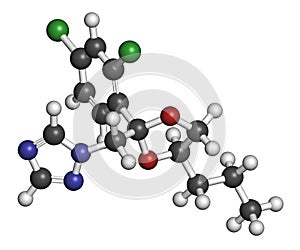Propiconazole antifungal molecule triazole class. 3D rendering. Atoms are represented as spheres with conventional color coding. photo