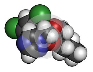 Propiconazole antifungal molecule triazole class. 3D rendering. Atoms are represented as spheres with conventional color coding. photo