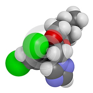 Propiconazole antifungal molecule (triazole class). 3D rendering. Atoms are represented as spheres with conventional color coding photo