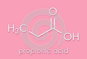 Propionic acid propanoic acid molecule. Used as preservative in food. Skeletal formula.