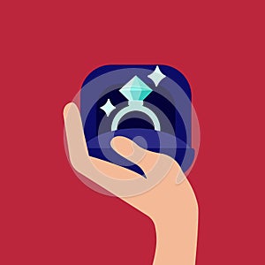 Proposal marriage, vector illustration flat design. Man is holding in hand an open box with a wedding ring and diamond.