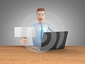 Proposal or search concept man in cartoon style sits by a laptop with a white sign in his hand 3d render grey gradient