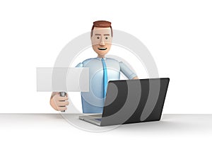 Proposal or search concept man in cartoon style sits by a laptop with a white sign in his hand 3d render on white