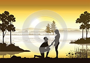 Propose marriage a river, Vector illustrations