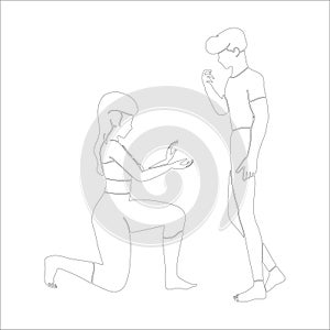 Proposing on knee character outline illustration on white background