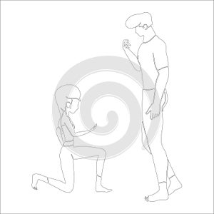 Proposing on knee character outline illustration on white background