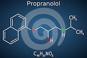 Propranolol molecule. It is synthetic, nonselective beta blocker, used to treat for hypertension. Structural chemical formula on