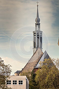 Propstein kirche, or Sankt Johannes Baptist Kirche church in Dortmund, Germany, in autumn. Saint Johann Baptist church is a