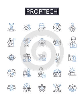 Proptech line icons collection. Property technology, Real estate tech, Proprietary technology, Building technology