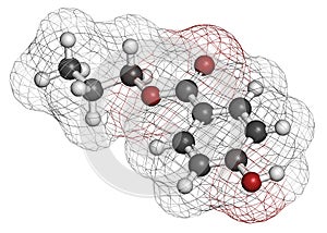 Propyl paraben preservative molecule. Used in food and cosmetics. Atoms are represented as spheres with conventional color coding