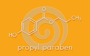 Propyl paraben preservative molecule. Used in food and cosmetics. Skeletal formula.