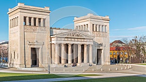 Propylaea or Propylaen timelapse from above. Monumental city gate in Konigsplatz, Munich, Germany, Europe.