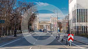 Propylaea or Propylaen timelapse from above. Monumental city gate in Konigsplatz, Munich, Germany, Europe.