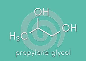 Propylene glycol (1,2-propanediol) molecule. Used as solvent in pharmaceutical drugs, as food additive, in de-icing solutions, etc