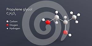 propylene glycol molecule 3d rendering, flat molecular structure with chemical formula and atoms color coding photo