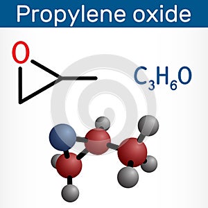 Propylene oxide molecule. Structural chemical formula and molecule model.