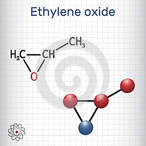 Propylene oxide molecule. Structural chemical formula, molecule model. Sheet of paper in a cage