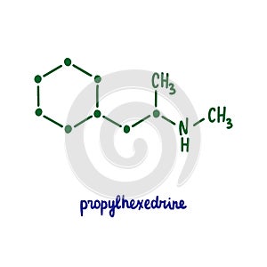 Propylhexedrine hand drawn  formula chemical structure lettering blue green