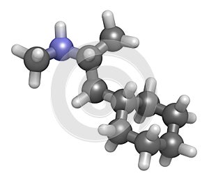 Propylhexedrine molecule. Used as nasal decongestant and stimulant. 3D rendering. Atoms are represented as spheres with